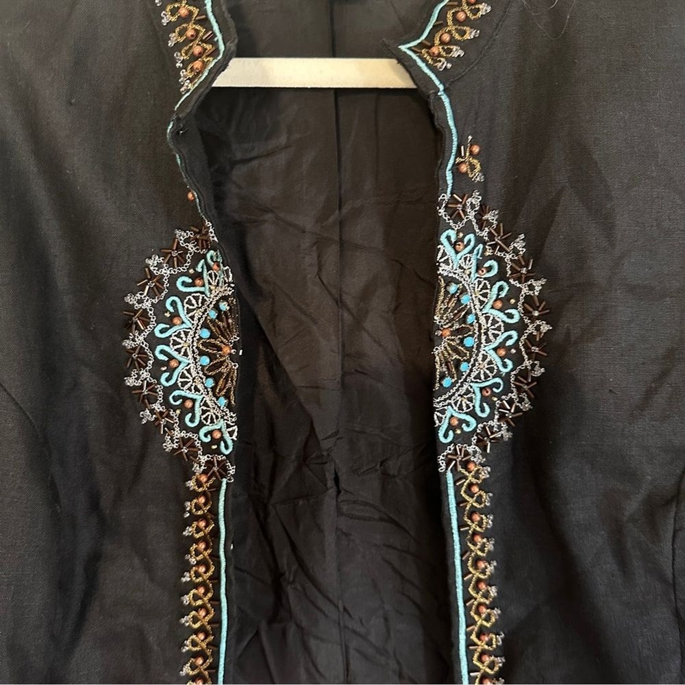Sarah Spencer Jacket Black 12 Womens Linen Beaded Embroidered Boho Open Front - Picture 6 of 13